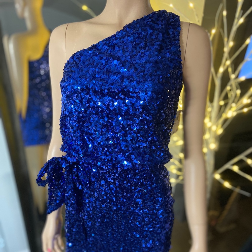 NWT: AQUA Sparkly Sequined Electric Blue One-Shoulder Dress w/ Waist Tie Size 0